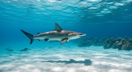 Naklejka premium Hammerhead shark gliding gracefully in clear blue ocean, sunlight shimmering on surface, sandy sea floor visible below. Marine wildlife.