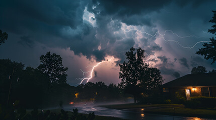 Intense lightning strikes illuminate stormy night sky over suburban neighborhood