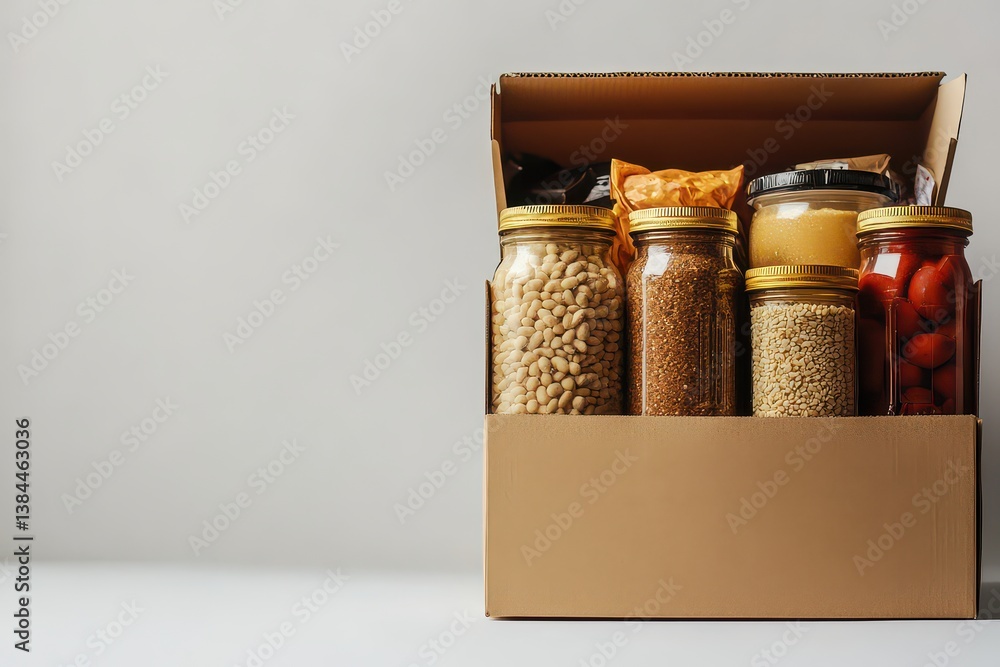 Poster assorted jars of grains and spreads in a cardboard box against a neutral background