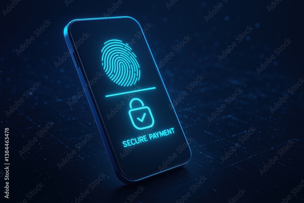Poster digital security: modern smartphone screen displaying fingerprint scan, verifying user for secure pa