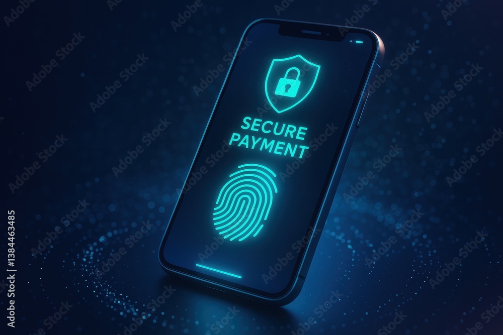 Poster secure payment via smartphone: a glowing smartphone screen showcases a secure payment system, comple
