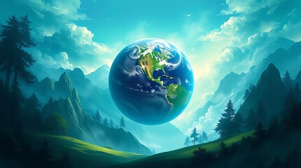 Floating Earth Above a Misty Mountain Landscape