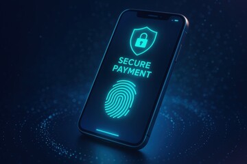Secure Payment via Smartphone: A glowing smartphone screen showcases a secure payment system, complete with a lock icon, fingerprint sensor, and the words "Secure Payment", all in a sleek.
