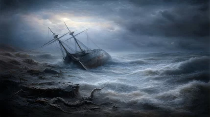 Fototapete Shipwreck in a Stormy Sea at Night © Giya