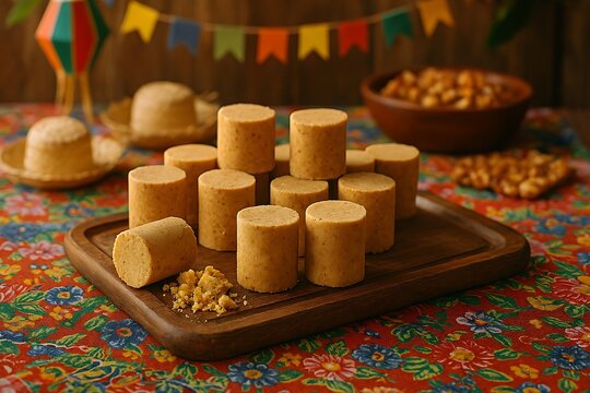 "Brazilian Sweet Peanut Treats: A mouthwatering assortment of pa&ccedil;oca, traditional Brazilian peanut candy, elegantly arranged on a rustic wooden platter.