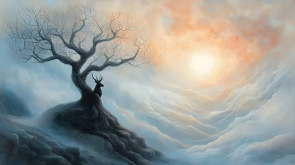Samtvorhänge Silhouette of a Tree on a Misty Mountain at Sunset © Giya