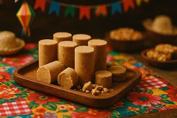 Peanut Brittle Delights: A close-up shot of peanut brittle displayed on a wooden tray atop a colorful tablecloth, capturing the essence of sweetness and festive joy. paçoca