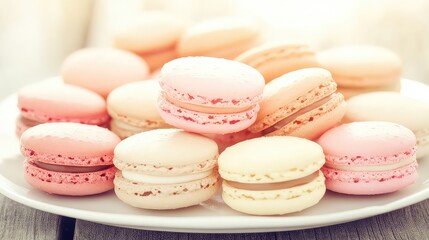 Obraz premium A plate of assorted pastel colored macarons