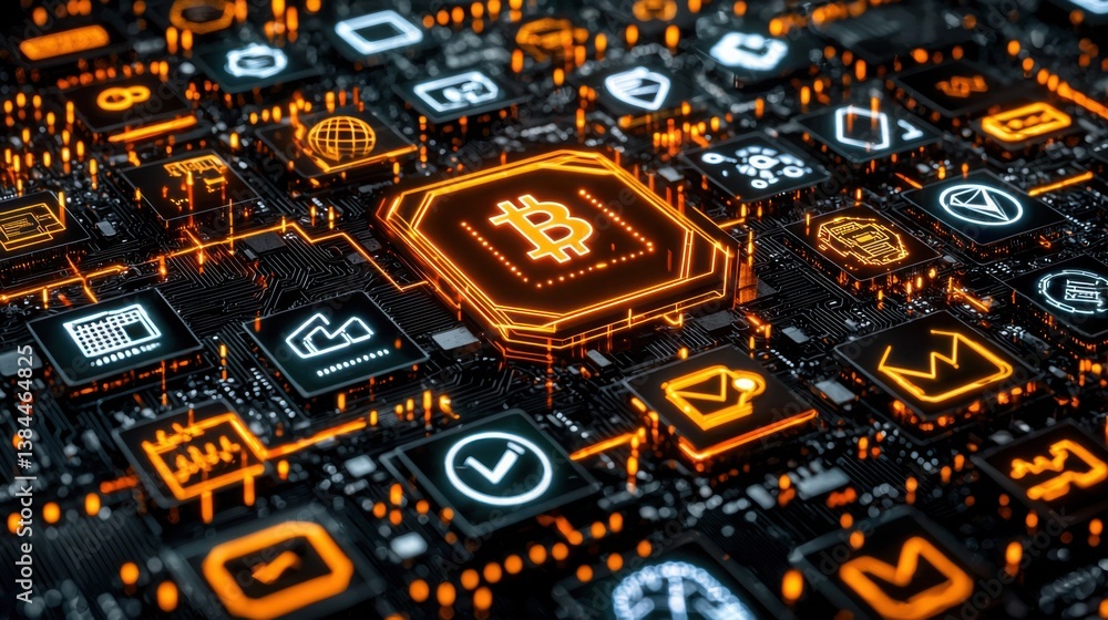 Poster bitcoin on a computer chip representing digital assets and cryptocurrency exchange in modern technol