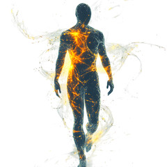 Fractal Silhouette Man with Radiant Fire Isolated on Transparent Background