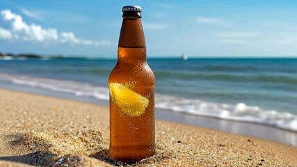 Cold beer bottle with condensation and a lemon slice resting on beach sand, framed by ocean waves and a blue sky - Powered by Adobe