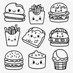 A black and white line art coloring page of cute kawaii food characters with smiling fast food items. There is a hot dog with a smiley face, a strawberry with a smiley face