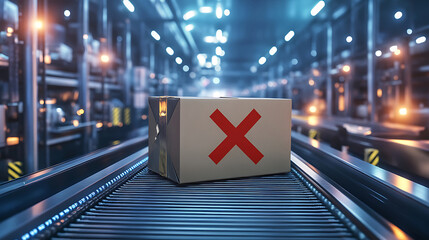 Rejected Package Marked With Red Cross Symbol on Automated Conveyor System within Industrial Manufacturing Environment