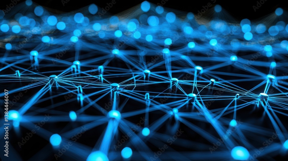 Poster network of blue lights illuminating a modern digital interface representing connectivity and data tr