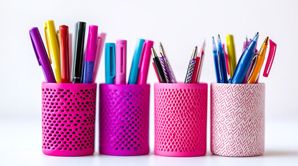 A collection of pen holders lined up, with one in a bright pink shade, white background 
