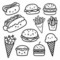 A black and white line art coloring page of cute kawaii food characters with smiling fast food items. There is a hot dog with a smiley face, a strawberry with a smiley face