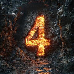 Fiery Lava Number Four Glowing in Dark Cave Rock Formation