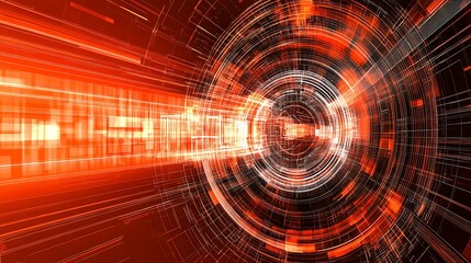 Fototapeta premium Abstract digital tunnel with glowing orange and red lines and data streams
