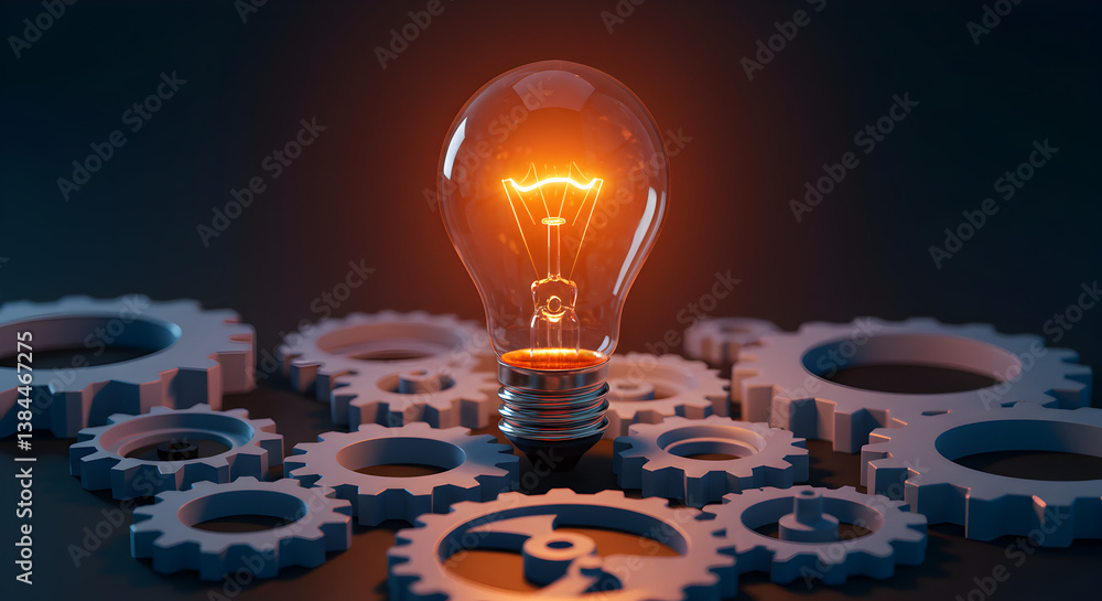 Poster glowing light bulb surrounded by white gears on a dark background representing innovation and creati