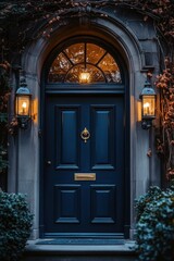 Obraz premium Elegant blue door framed by ivy and warm lanterns in twilight, inviting visitors with its classic charm and welcoming aura