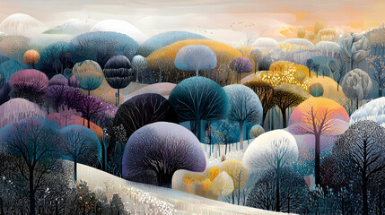 Whimsical Winter Forest Landscape with Colorful Round Trees