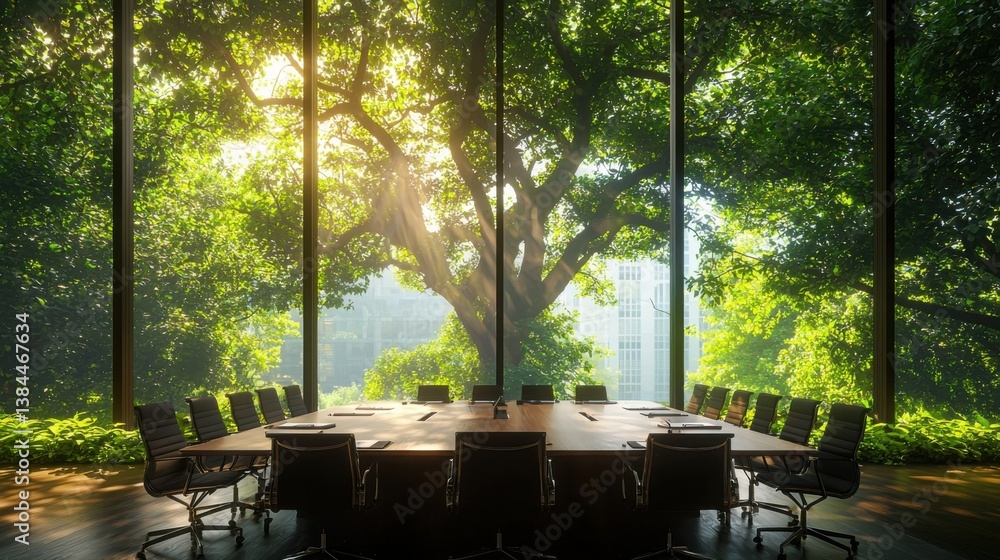 Poster conference room featuring a large tree as a central element promoting eco-friendly business practice