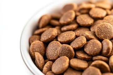 Close-up view of round brown pet food kibble in a white bowl, highlighting texture and color