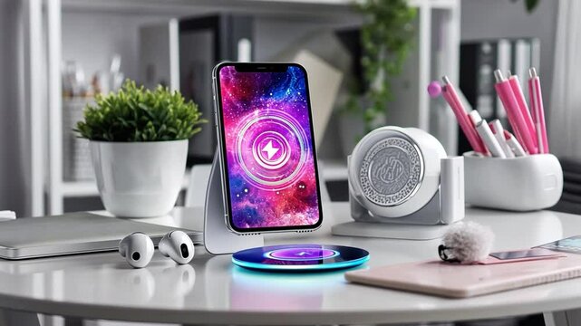 Wireless Charging Station: A modern workspace with a smartphone being charged on a wireless charging station, with other tech gadgets in an organised environment.