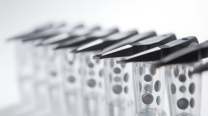 A row of hole punchers neatly aligned, with one featuring a unique transparent body, white background 
