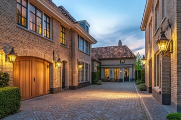 Naklejka premium An elegant brick house stands proudly in the heart of a peaceful neighborhood, where warm lanterns softly illuminate the courtyard during the enchanting twilight hour