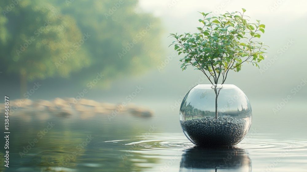 Poster elegant tree displayed in a glass vase representing eco-friendly business concepts with virtual mode