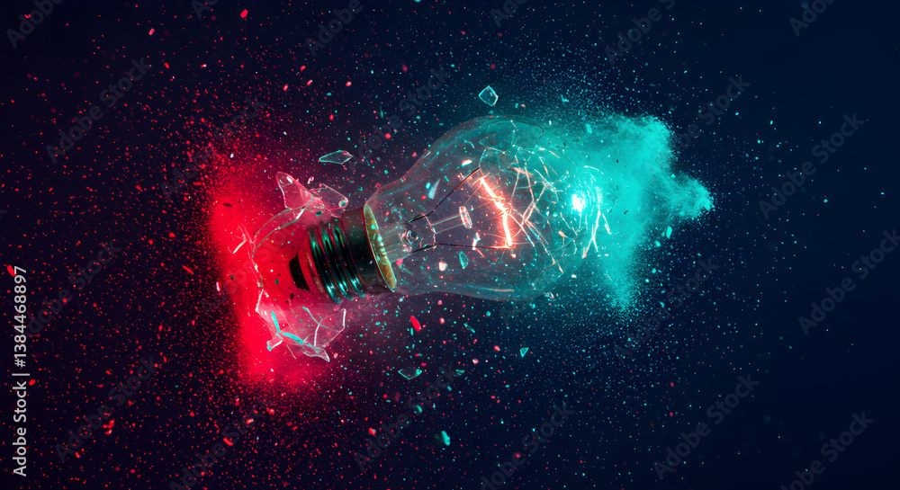 Poster exploding light bulb with shattered glass in motion with red and teal color explosion on dark backgr