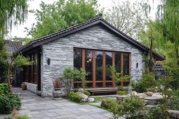 Beautiful traditional gray brick house surrounded by lush greenery in a serene garden setting during the early morning light