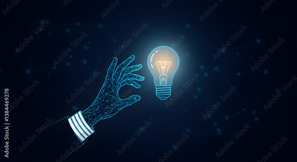 Aufkleber digital pixelated hand holding a glowing light bulb with network connection points on a dark blue ba