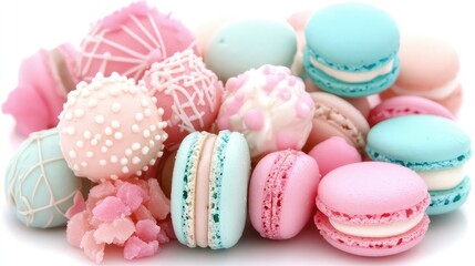 Obraz premium Assorted pastel colored macarons and decorated cakes