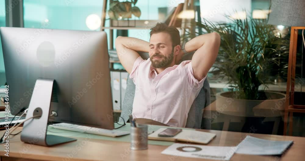 Aufkleber Coding, computer and relax with man programming software in office for launch or testing. Break, design and web development with happy developer employee at desk in workplace for infrastructure code
