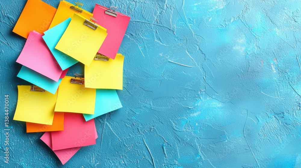 Poster bunch of colorful sticky notes stacked together ready for brainstorming ideas and organizing thought