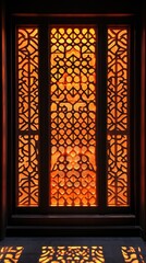 Classic window lattice patterns glow with a soft, warm light in subtle detail. Vertical.
