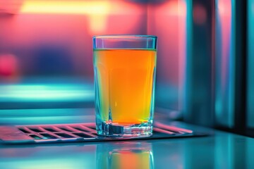 A glass of orange beverage sits on a surface