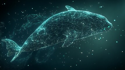 Abstract digital whale swims through ethereal blue cosmos. Connected dots form creature's outline, shimmering
