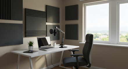 Modern Home Office Setup with Acoustic Panels and Studio Microphone