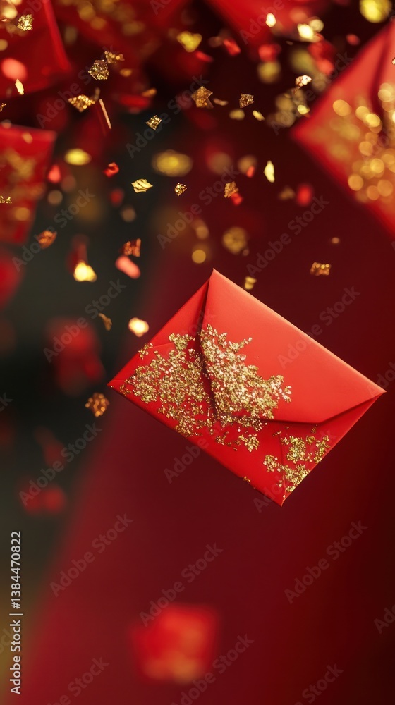 Poster elegant red envelopes drop with subtle gold highlights in a slow cascade. vertical.