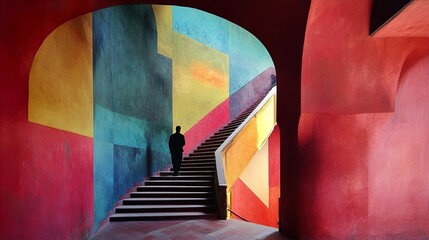 Colorful Architecture: A Man Ascends a Vibrant Staircase