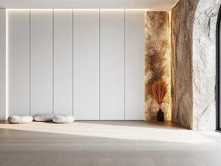 Minimalist interior design with white walls vertical panels modern stone texture warm lighting natural light spacious contemporary aesthetic