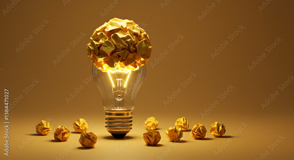 Poster conceptual idea with golden lightbulb surrounded by crumpled papers on a warm background representin