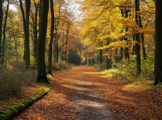 Obraz premium A beautiful forest path in the Dutch nature park, covered with fallen leaves and illuminated by sunlight. The trees on both sides of it have yellow to orange foliage, creating an autumn atmosphere. 