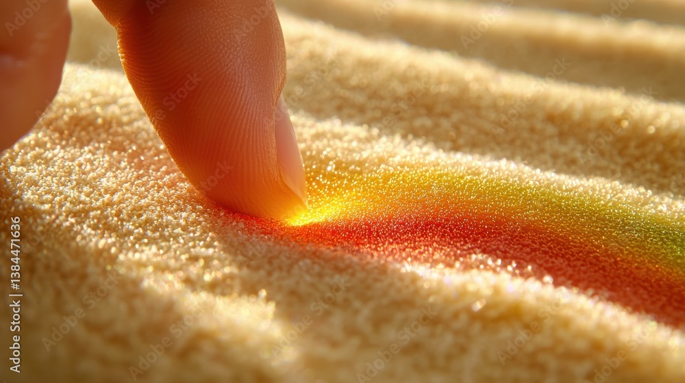 Poster individual touching finger to sand as if interacting with a virtual holographic user interface displ