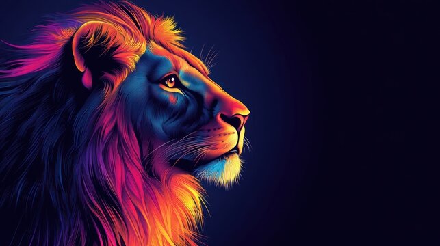 Colorful lion profile portrait, vibrant mane, dark background.