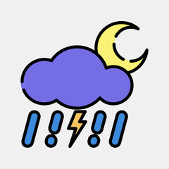 Icon thunder storm night. Weather elements symbol. Icons in filled line style. Good for prints, web, smartphone app, posters, infographics, logo, sign, etc.