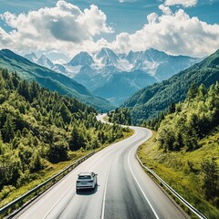 White car driving on panoramic road landscape among green mountains. Car drive on highway in panoramic nature scenery. holiday travel trip on beautiful nature road in summer. Colorful nature panorama.